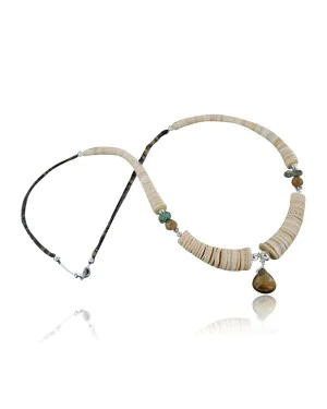 Certified Authentic Navajo .925 Sterling Silver Graduated Melon Shell and Tigers Eye Jasper Native American Necklace 15383-50