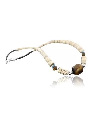 Certified Authentic Navajo .925 Sterling Silver Graduated Melon Shell and Tigers Eye Turquoise Native American Necklace 15562-108