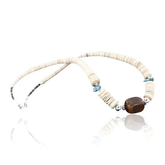 Certified Authentic Navajo .925 Sterling Silver Graduated Melon Shell and Tigers Eye Turquoise Native American Necklace 15562-58