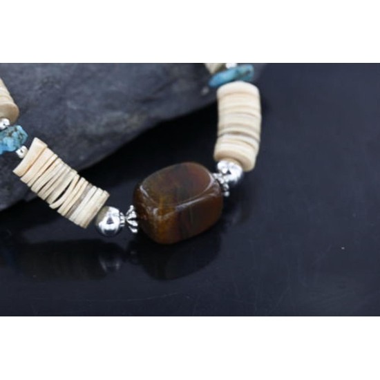 Certified Authentic Navajo .925 Sterling Silver Graduated Melon Shell and Tigers Eye Turquoise Native American Necklace 15562-58