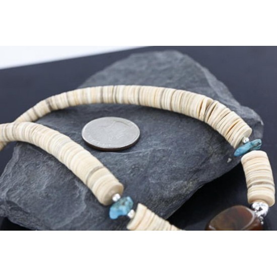 Certified Authentic Navajo .925 Sterling Silver Graduated Melon Shell and Tigers Eye Turquoise Native American Necklace 15562-58