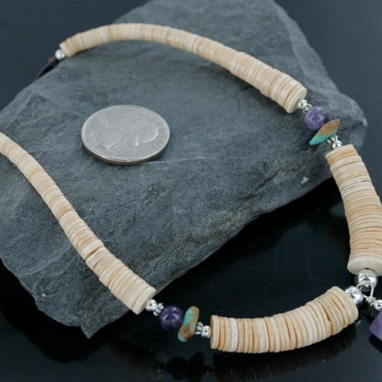 Certified Authentic Navajo .925 Sterling Silver Graduated Melon Shell and Turquoise Amethyst Native American Necklace 390725874649 Certified Authentic Navajo .925 Sterling Silver Graduated Melon Shell and Turquoise Amethyst Native American Necklace 390725874649