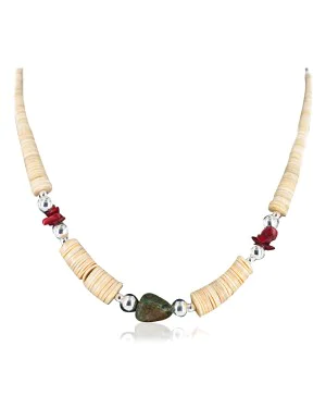 Certified Authentic Navajo .925 Sterling Silver Graduated Melon Shell and Turquoise Coral Native American Necklace 750156