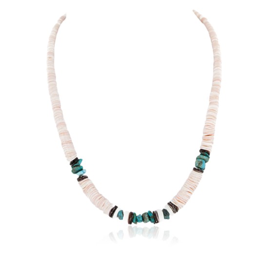 Certified Authentic Navajo .925 Sterling Silver Graduated Melon Shell and Turquoise Native American Necklace 1 16051-1 Certified Authentic Navajo .925 Sterling Silver Graduated Melon Shell and Turquoise Native American Necklace 1 16051-1