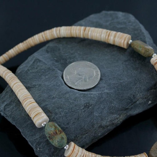 Certified Authentic Navajo .925 Sterling Silver Graduated Melon Shell and Turquoise Native American Necklace 15151-12 Certified Authentic Navajo .925 Sterling Silver Graduated Melon Shell and Turquoise Native American Necklace 15151-12