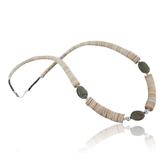 Certified Authentic Navajo .925 Sterling Silver Graduated Melon Shell and TURQUOISE Native American Necklace 15213-17 Certified Authentic Navajo .925 Sterling Silver Graduated Melon Shell and TURQUOISE Native American Necklace 15213-17