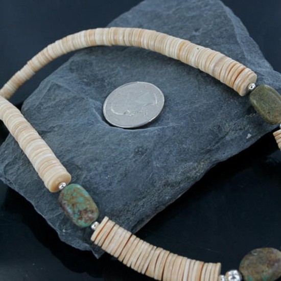 Certified Authentic Navajo .925 Sterling Silver Graduated Melon Shell and TURQUOISE Native American Necklace 15213-17 Certified Authentic Navajo .925 Sterling Silver Graduated Melon Shell and TURQUOISE Native American Necklace 15213-17