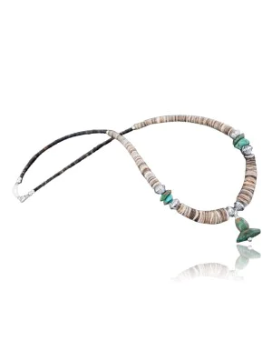 Certified Authentic Navajo .925 Sterling Silver Graduated Melon Shell and Turquoise Native American Necklace 15213-8