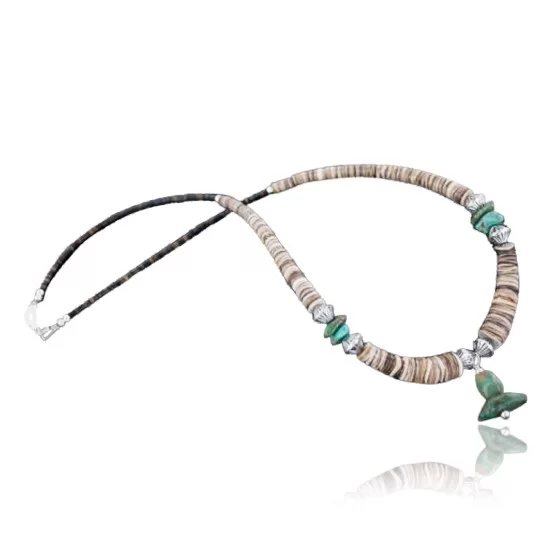 Navajo .925 Sterling Silver Graduated Melon Shell and Turquoise Native American Necklace 15213-8 Navajo .925 Sterling Silver Graduated Melon Shell and Turquoise Native American Necklace 15213-8