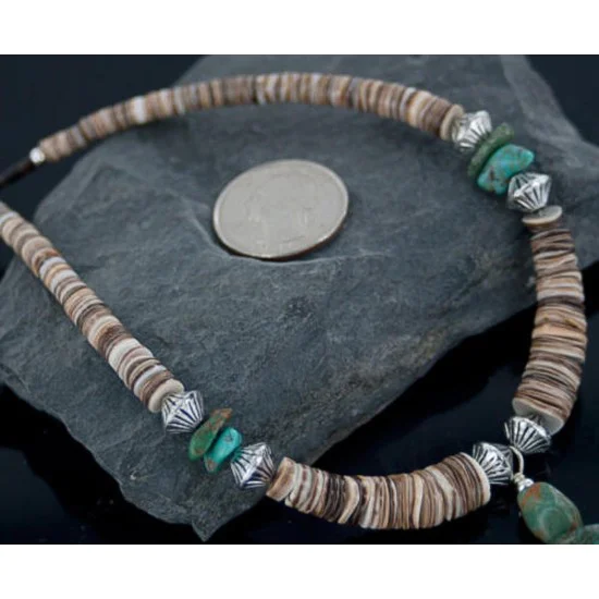 Navajo .925 Sterling Silver Graduated Melon Shell and Turquoise Native American Necklace 15213-8 Navajo .925 Sterling Silver Graduated Melon Shell and Turquoise Native American Necklace 15213-8
