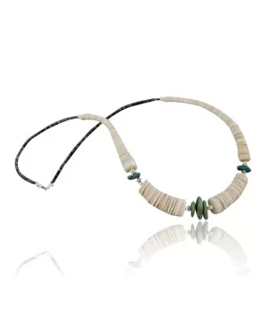 Certified Authentic Navajo .925 Sterling Silver Graduated Melon Shell and Turquoise Native American Necklace 15383-27