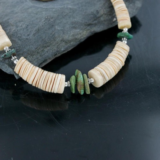 Certified Authentic Navajo .925 Sterling Silver Graduated Melon Shell and Turquoise Native American Necklace 15383-27