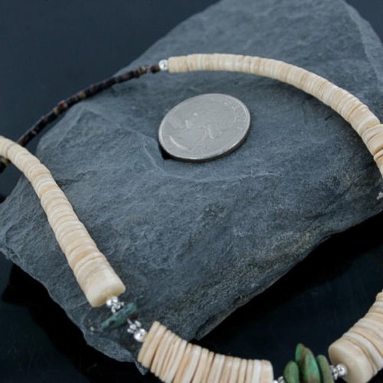 Certified Authentic Navajo .925 Sterling Silver Graduated Melon Shell and Turquoise Native American Necklace 15383-27
