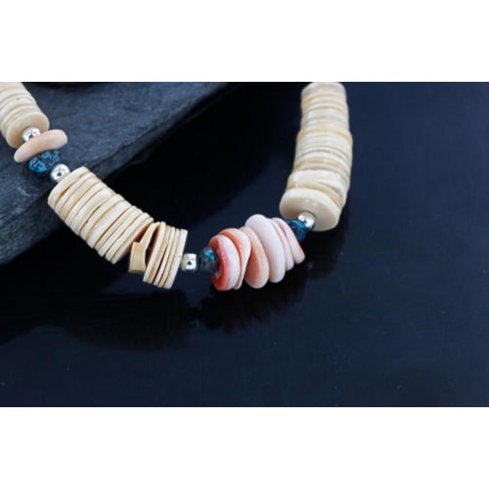 Certified Authentic Navajo .925 Sterling Silver Graduated Melon Shell and Turquoise Native American Necklace 15432-3