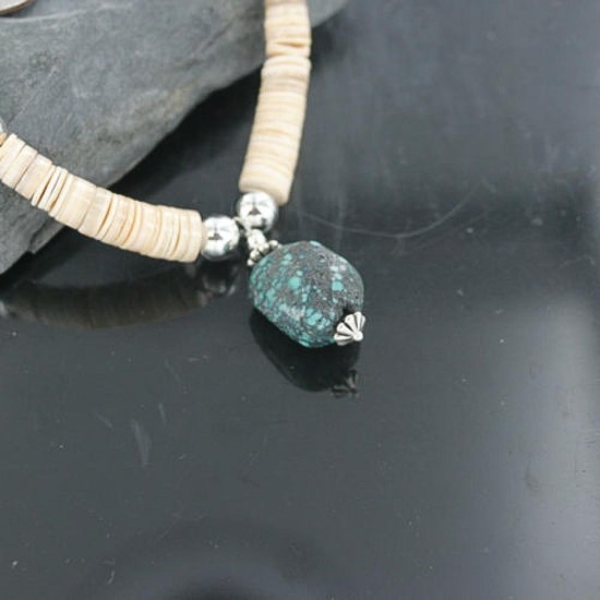 Certified Authentic Navajo .925 Sterling Silver Graduated Melon Shell and Turquoise Native American Necklace 15554-24 Certified Authentic Navajo .925 Sterling Silver Graduated Melon Shell and Turquoise Native American Necklace 15554-24