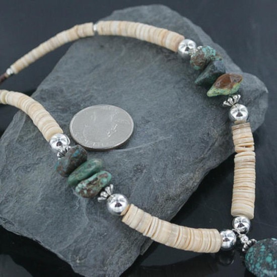 Certified Authentic Navajo .925 Sterling Silver Graduated Melon Shell and Turquoise Native American Necklace 15554-24 Certified Authentic Navajo .925 Sterling Silver Graduated Melon Shell and Turquoise Native American Necklace 15554-24