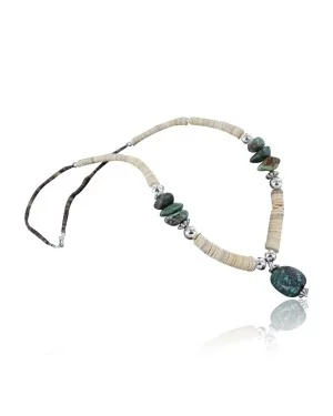 Certified Authentic Navajo .925 Sterling Silver Graduated Melon Shell and Turquoise Native American Necklace 15554-24