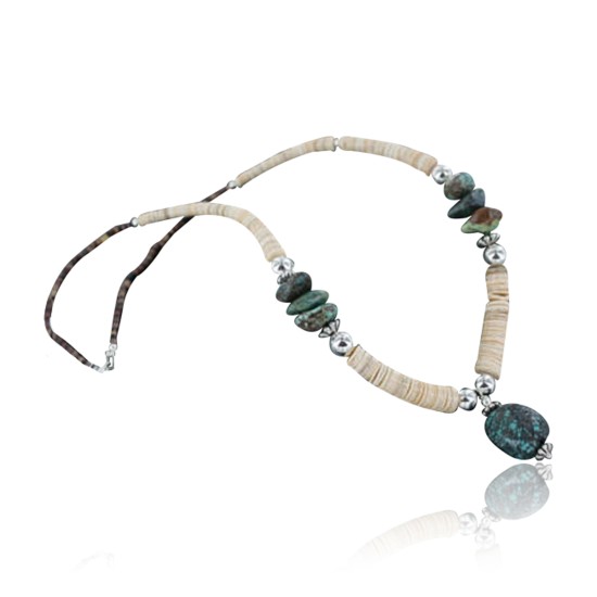 Certified Authentic Navajo .925 Sterling Silver Graduated Melon Shell and Turquoise Native American Necklace 15554-24 Certified Authentic Navajo .925 Sterling Silver Graduated Melon Shell and Turquoise Native American Necklace 15554-24
