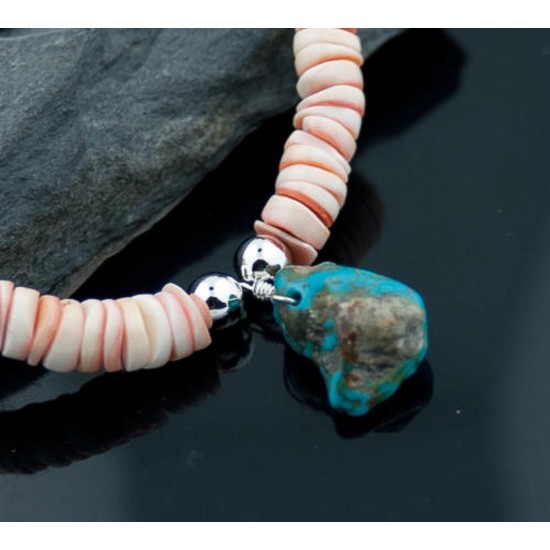 Certified Authentic Navajo .925 Sterling Silver Graduated Melon Shell and Turquoise Native American Necklace 15554-4 Certified Authentic Navajo .925 Sterling Silver Graduated Melon Shell and Turquoise Native American Necklace 15554-4