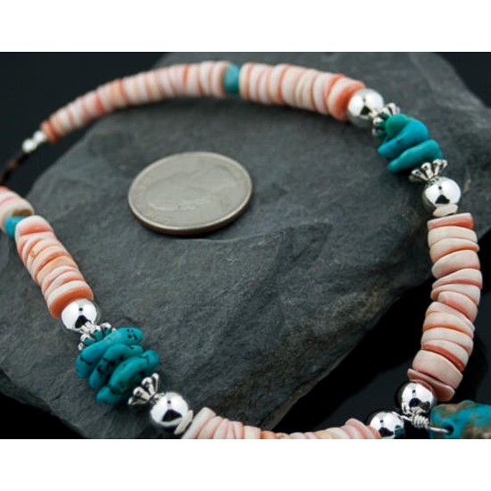 Certified Authentic Navajo .925 Sterling Silver Graduated Melon Shell and Turquoise Native American Necklace 15554-4 Certified Authentic Navajo .925 Sterling Silver Graduated Melon Shell and Turquoise Native American Necklace 15554-4