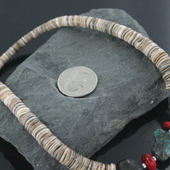 Certified Authentic Navajo .925 Sterling Silver Graduated Melon Shell and Turquoise Native American Necklace 15554-63 Certified Authentic Navajo .925 Sterling Silver Graduated Melon Shell and Turquoise Native American Necklace 15554-63