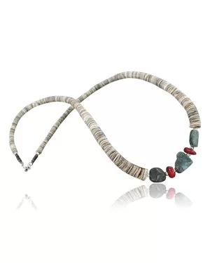 Certified Authentic Navajo .925 Sterling Silver Graduated Melon Shell and Turquoise Native American Necklace 15554-63