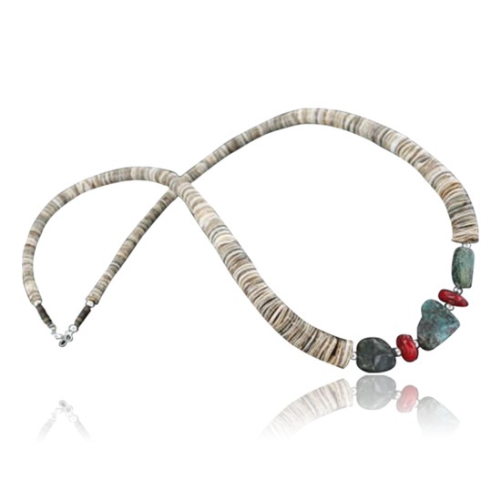 Certified Authentic Navajo .925 Sterling Silver Graduated Melon Shell and Turquoise Native American Necklace 15554-63 Certified Authentic Navajo .925 Sterling Silver Graduated Melon Shell and Turquoise Native American Necklace 15554-63
