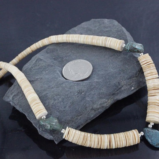 Certified Authentic Navajo .925 Sterling Silver Graduated Melon Shell and Turquoise Native American Necklace 15562-12 Certified Authentic Navajo .925 Sterling Silver Graduated Melon Shell and Turquoise Native American Necklace 15562-12