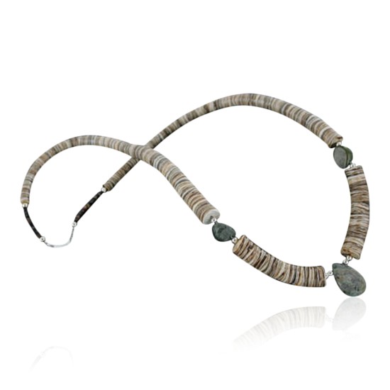 Certified Authentic Navajo .925 Sterling Silver Graduated Melon Shell and Turquoise Native American Necklace 15562-17 Certified Authentic Navajo .925 Sterling Silver Graduated Melon Shell and Turquoise Native American Necklace 15562-17