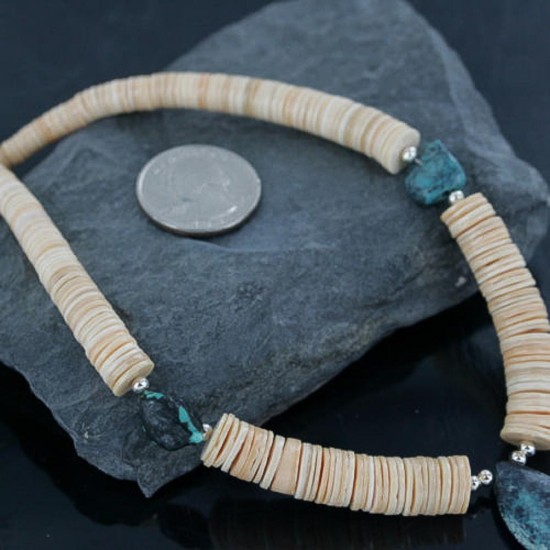 Certified Authentic Navajo .925 Sterling Silver Graduated Melon Shell and Turquoise Native American Necklace 15562-9 Certified Authentic Navajo .925 Sterling Silver Graduated Melon Shell and Turquoise Native American Necklace 15562-9