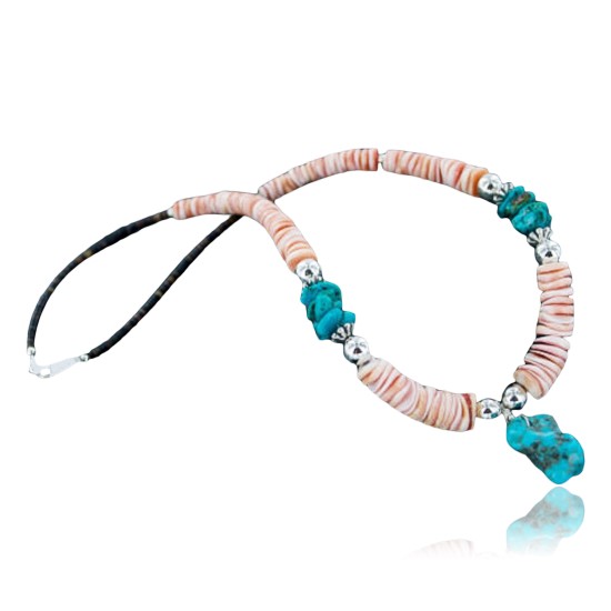 Certified Authentic Navajo .925 Sterling Silver Graduated Melon Shell and Turquoise Native American Necklace 15778-122