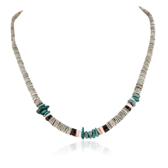 Certified Authentic Navajo .925 Sterling Silver Graduated Melon Shell and Turquoise Native American Necklace 16051-2 Certified Authentic Navajo .925 Sterling Silver Graduated Melon Shell and Turquoise Native American Necklace 16051-2