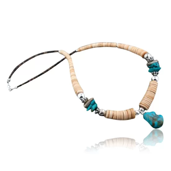 Certified Authentic Navajo .925 Sterling Silver Graduated Melon Shell and Turquoise Native American Necklace 370873985202