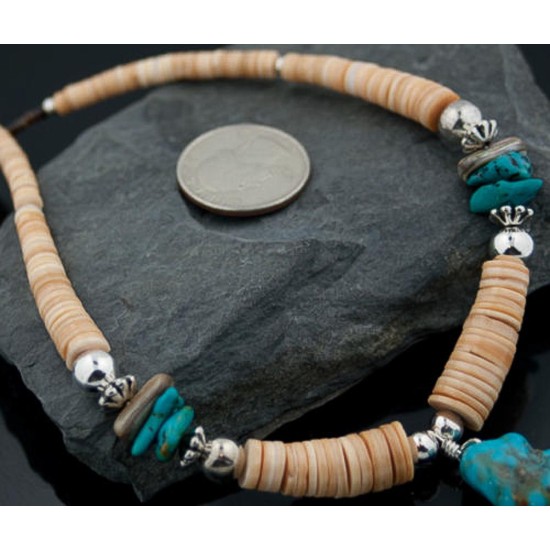 Certified Authentic Navajo .925 Sterling Silver Graduated Melon Shell and Turquoise Native American Necklace 370873985202