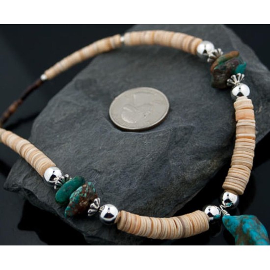 Certified Authentic Navajo .925 Sterling Silver Graduated Melon Shell and Turquoise Native American Necklace 370881721004 Certified Authentic Navajo .925 Sterling Silver Graduated Melon Shell and Turquoise Native American Necklace 370881721004