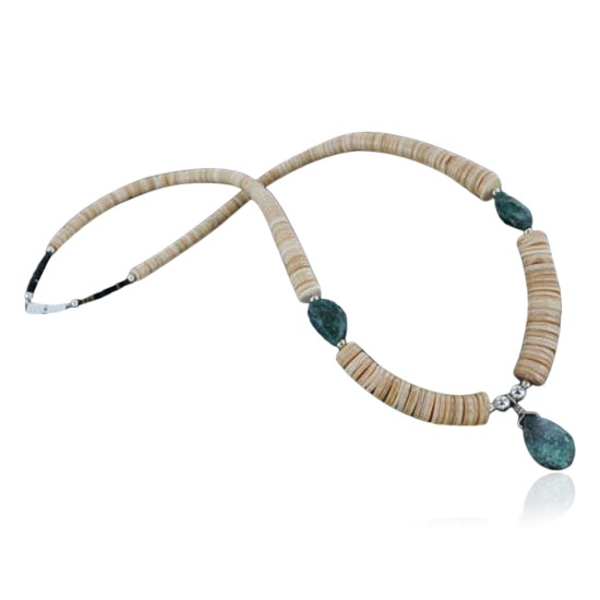 Certified Authentic Navajo .925 Sterling Silver Graduated Melon Shell and Turquoise Native American Necklace 370912899022