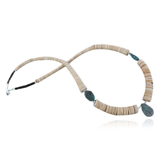 Certified Authentic Navajo .925 Sterling Silver Graduated Melon Shell and Turquoise Native American Necklace 370917400099