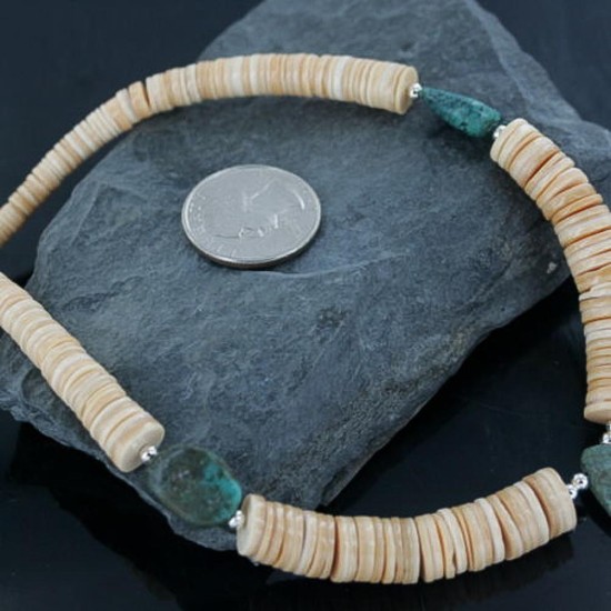 Certified Authentic Navajo .925 Sterling Silver Graduated Melon Shell and Turquoise Native American Necklace 370917400099