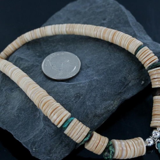Certified Authentic Navajo .925 Sterling Silver Graduated Melon Shell and Turquoise Native American Necklace 370918167064