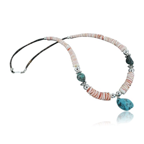 Certified Authentic Navajo .925 Sterling Silver Graduated Melon Shell and Turquoise Native American Necklace 370923427228