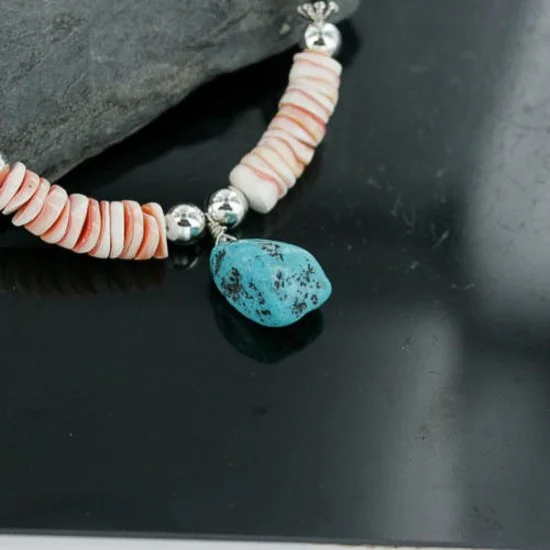Certified Authentic Navajo .925 Sterling Silver Graduated Melon Shell and Turquoise Native American Necklace 370923427228 Certified Authentic Navajo .925 Sterling Silver Graduated Melon Shell and Turquoise Native American Necklace 370923427228
