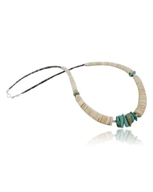 Certified Authentic Navajo .925 Sterling Silver Graduated Melon Shell and Turquoise Native American Necklace 370964193631