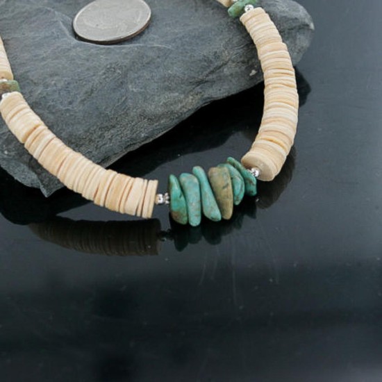 Certified Authentic Navajo .925 Sterling Silver Graduated Melon Shell and Turquoise Native American Necklace 370964193631