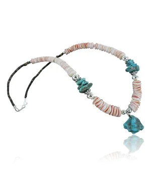 Certified Authentic Navajo .925 Sterling Silver Graduated Melon Shell and Turquoise Native American Necklace 390683545603