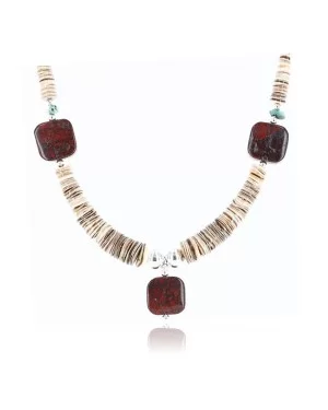Certified Authentic Navajo .925 Sterling Silver Graduated Melon Shell and Turquoise Native American Necklace 790101-19