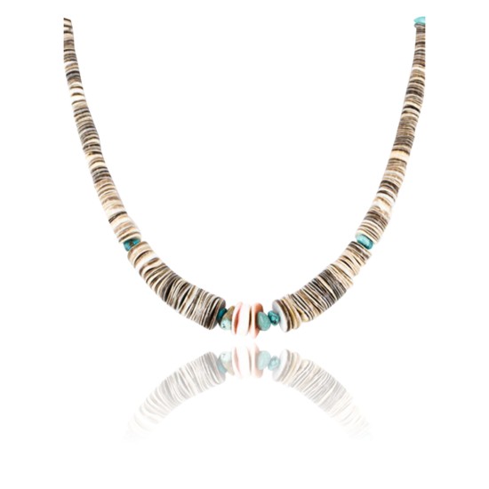 Certified Authentic Navajo .925 Sterling Silver Graduated Melon Shell and Turquoise Native American Necklace 790101-24