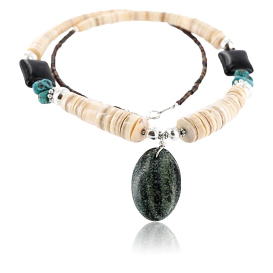 Certified Authentic Navajo .925 Sterling Silver Graduated Melon Shell and Turquoise ONYX Native American Necklace 750109-2 Certified Authentic Navajo .925 Sterling Silver Graduated Melon Shell and Turquoise ONYX Native American Necklace 750109-2