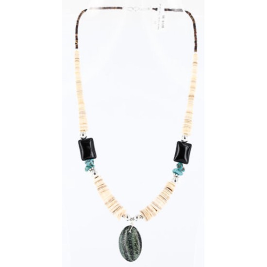 Certified Authentic Navajo .925 Sterling Silver Graduated Melon Shell and Turquoise ONYX Native American Necklace 750109-2 Certified Authentic Navajo .925 Sterling Silver Graduated Melon Shell and Turquoise ONYX Native American Necklace 750109-2