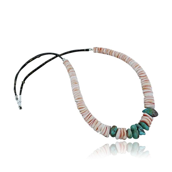 Certified Authentic Navajo .925 Sterling Silver Graduated Melon Shell and TurquoiseNative American Necklace 7501008-27