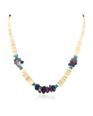Certified Authentic Navajo .925 Sterling Silver Graduated Melon Shell Turquoise and Amethyst Native American Necklace 25249-2